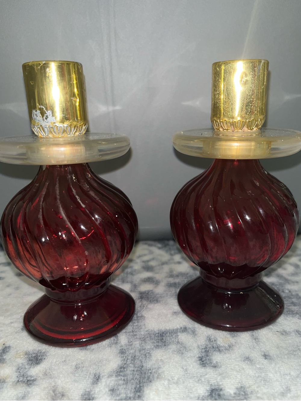 2 Vintage Avon Cologne Bottle Red  Glass Candlestick Holder Swirl Pattern